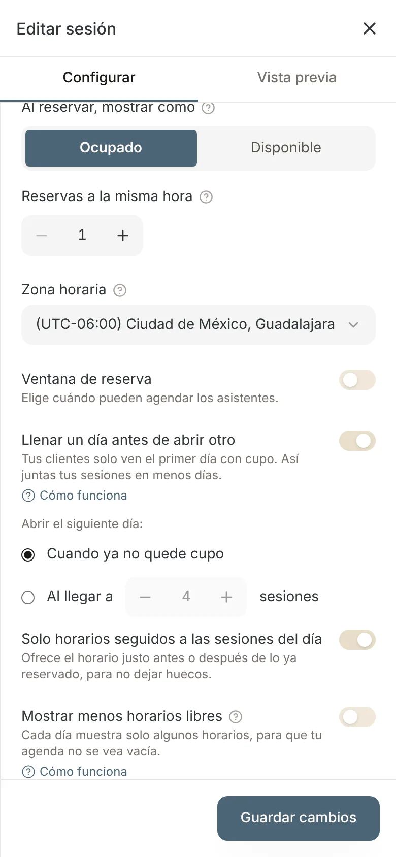 Ajustes de disponibilidad en el celular con Llenar un día antes de abrir otro activado