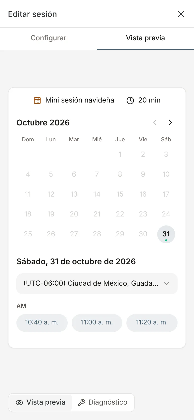 Calendario en el celular que muestra solo tres horarios libres el sábado