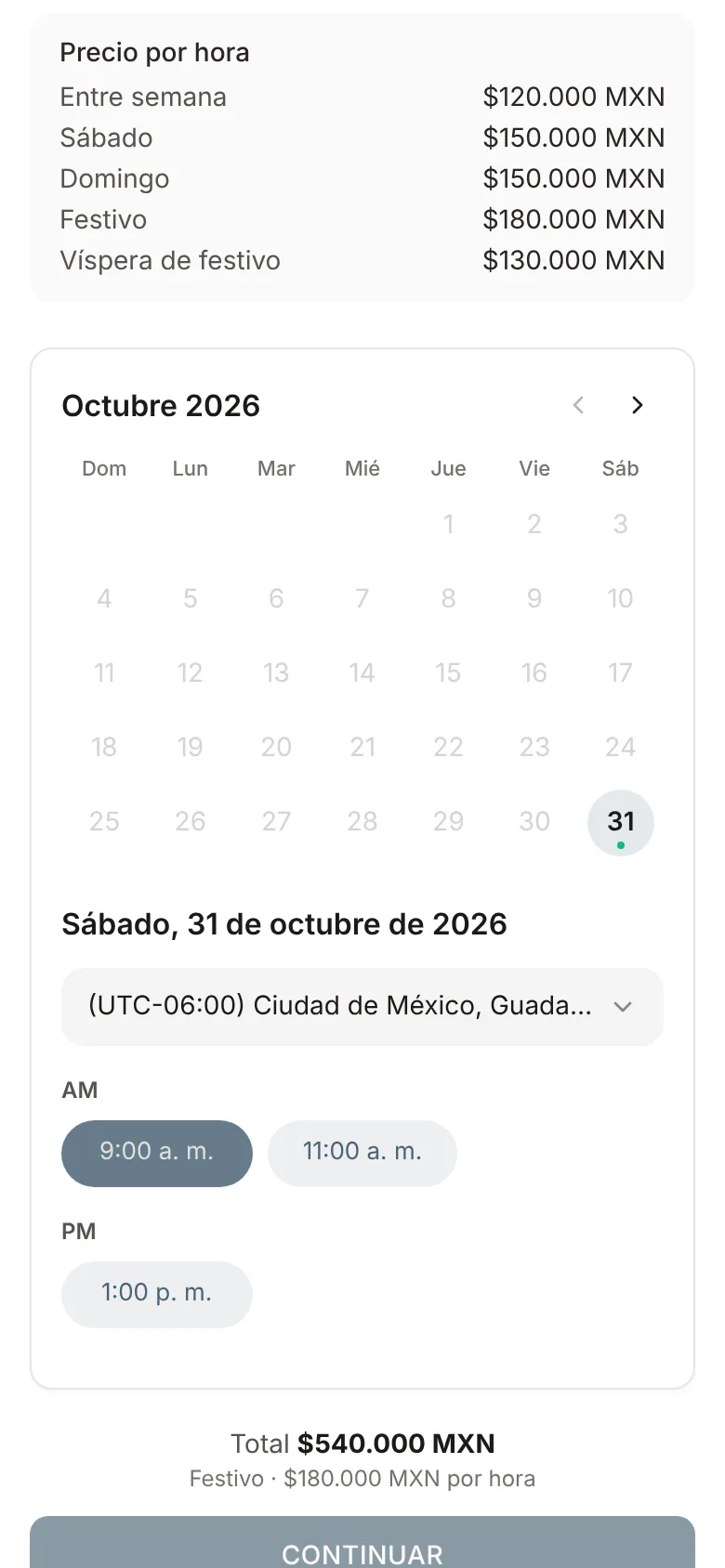 Enlace de reserva con un horario elegido y el total calculado con la tarifa de festivo