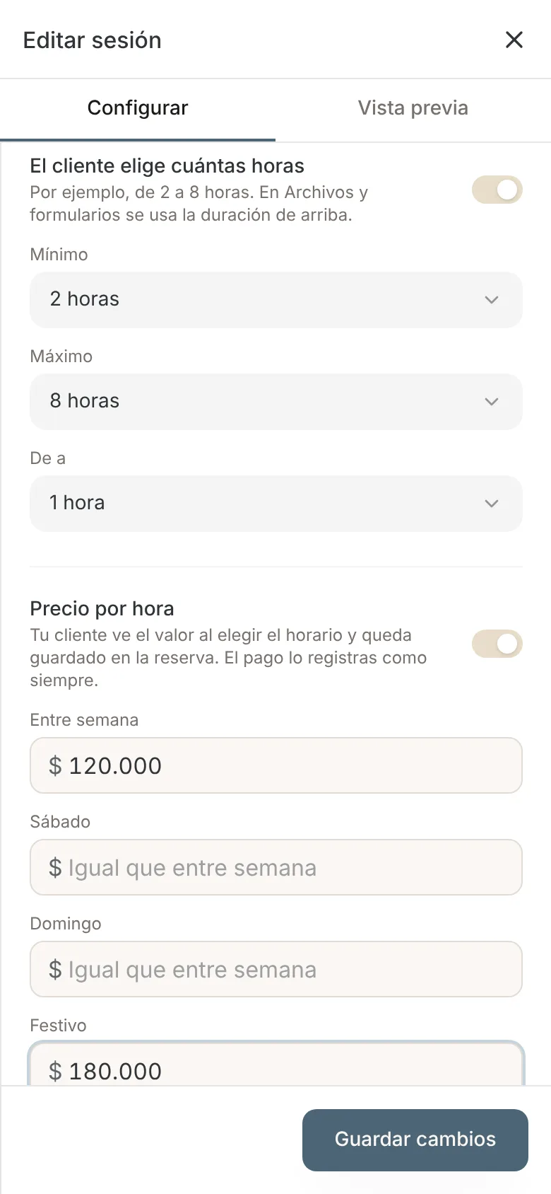 Ajuste Sets, horas y precio con dos sets marcados y de 2 a 8 horas
