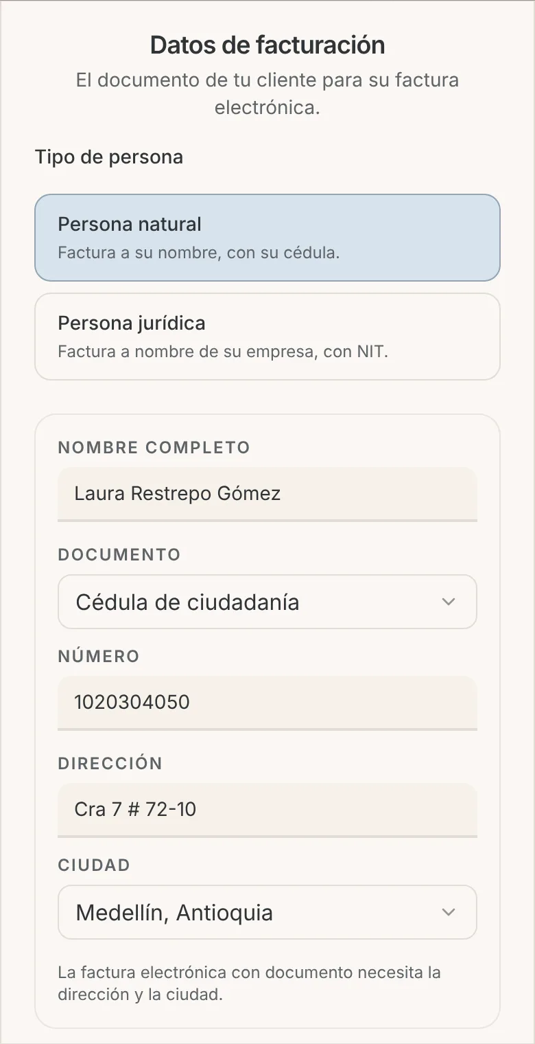 Ventana Datos de facturación del cliente con tipo de persona, nombre, documento, número y dígito de verificación
