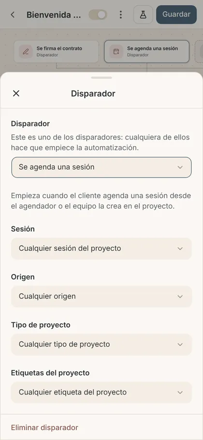 Panel de un disparador en el celular con el botón Eliminar disparador