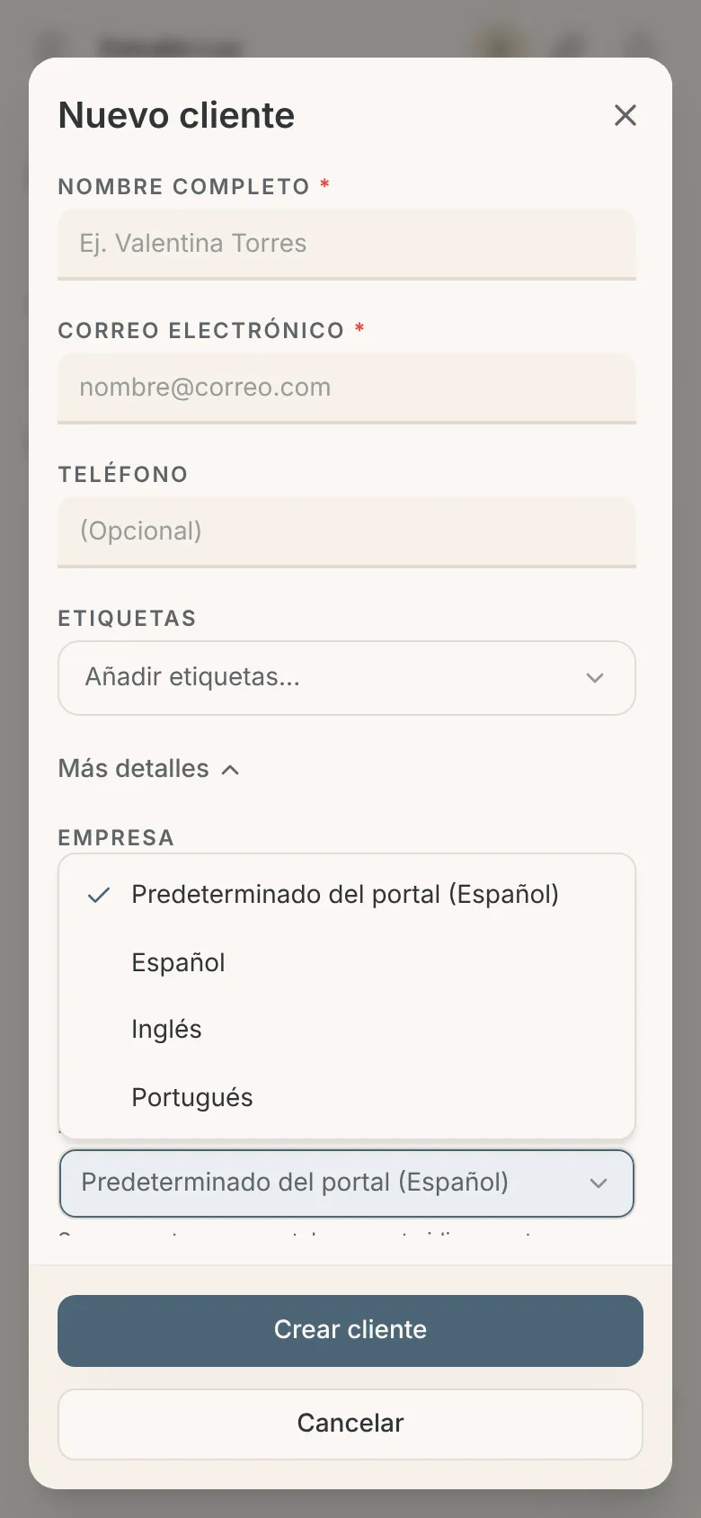 Opciones del campo Idioma del cliente en el celular