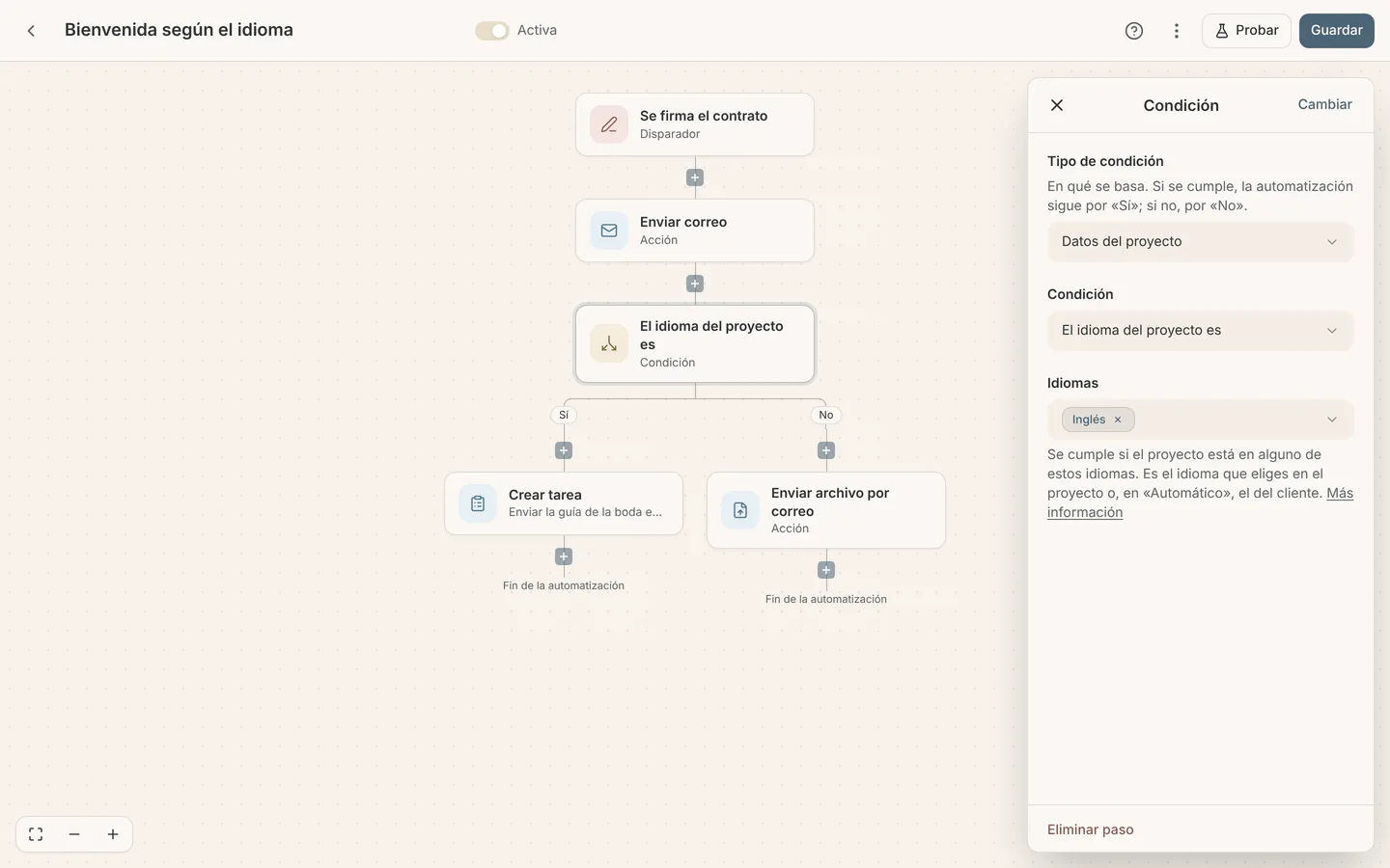 Editor de automatización con la condición El idioma del proyecto es y el idioma Inglés elegido