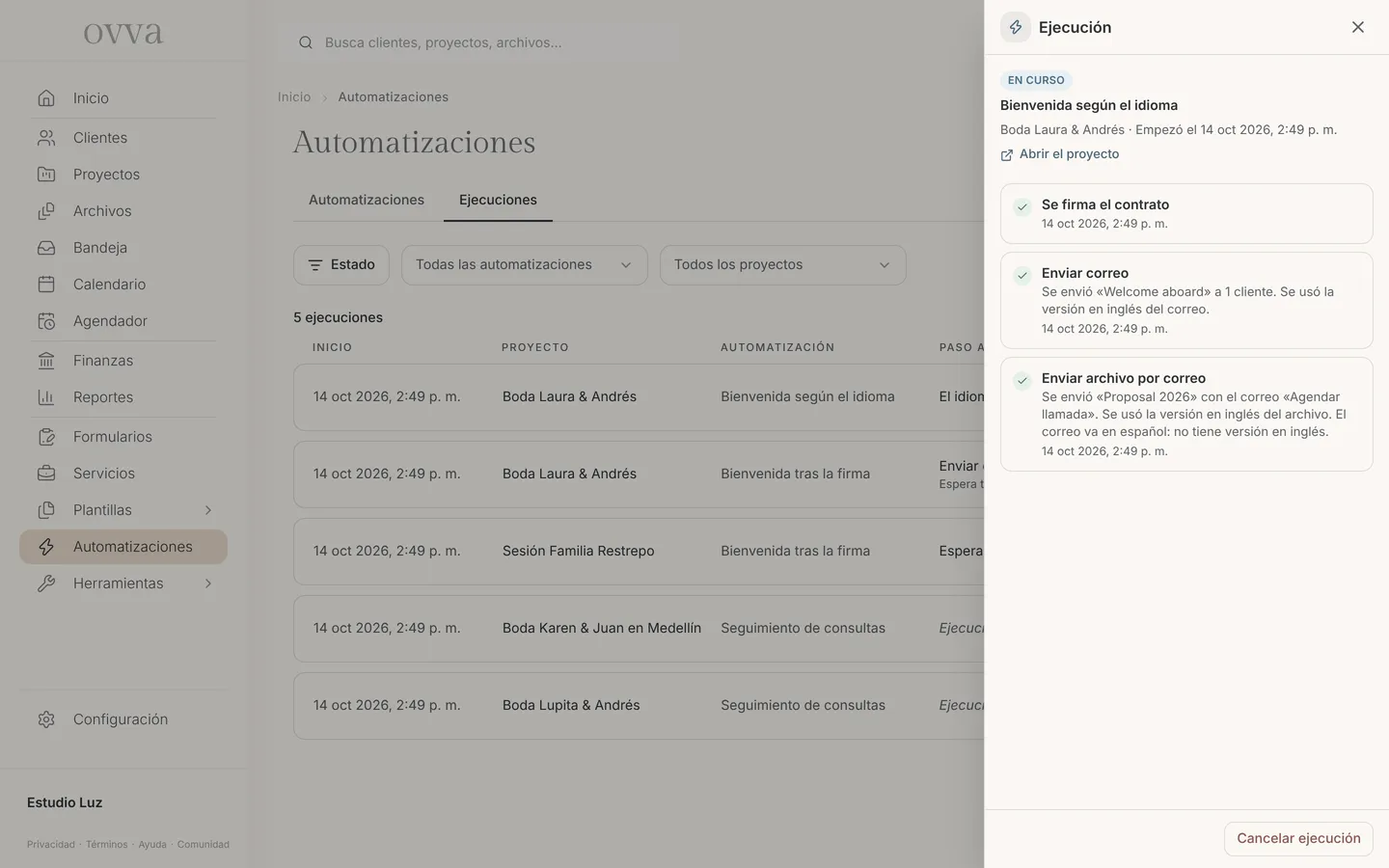 Ejecución de la automatización con los pasos y la nota del idioma de cada uno