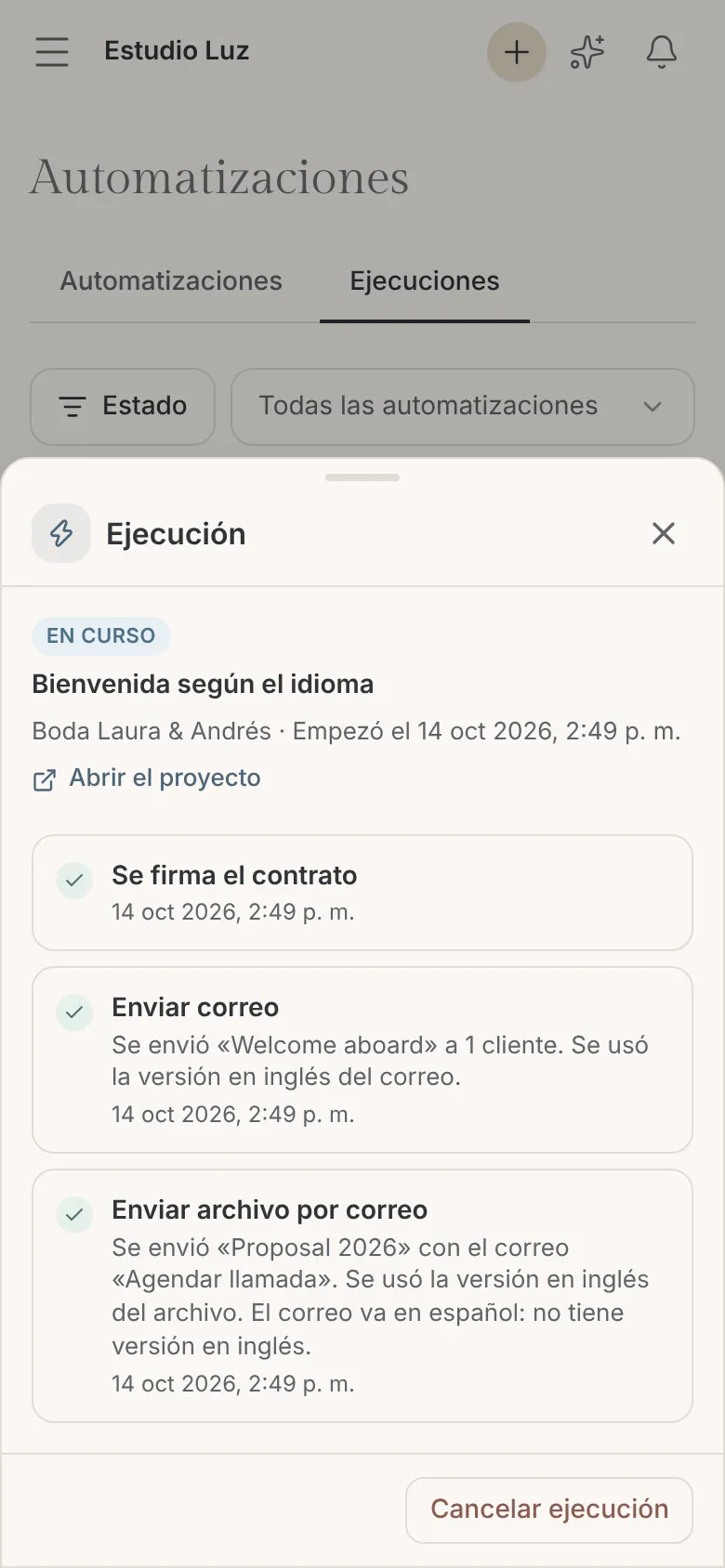 Ejecución en el celular con un archivo en inglés y un correo sin versión en inglés