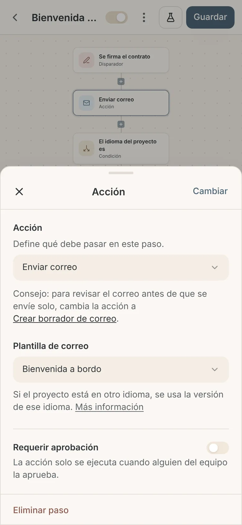 Panel de Enviar correo en el celular con el aviso de que se usa la versión del idioma del proyecto