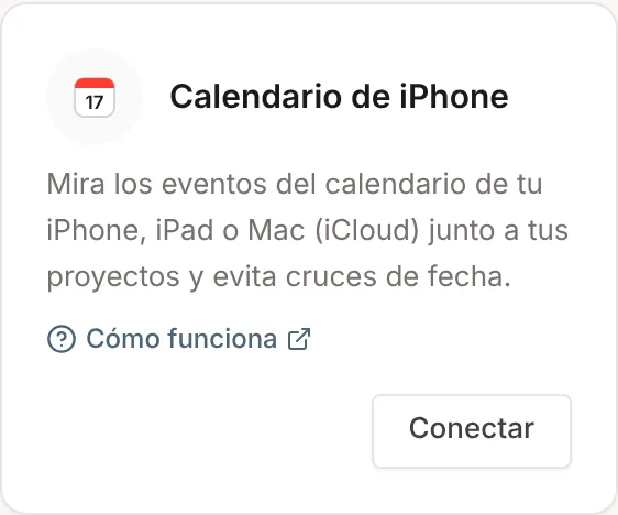 Tarjeta Calendario de iPhone en Integraciones con el botón Conectar