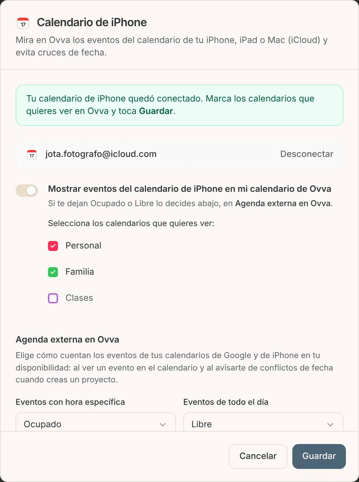 Aviso Tu calendario de iPhone quedó conectado con la lista de calendarios Personal, Familia y Clases para marcar