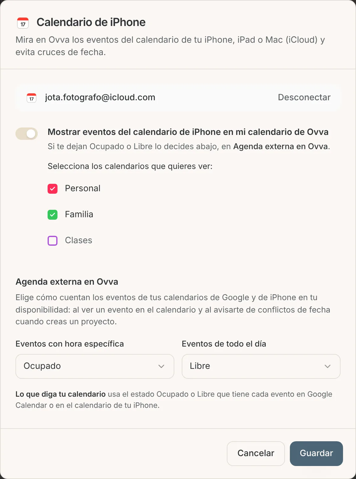 Configuración del calendario de iPhone con Mostrar eventos, los calendarios elegidos y Agenda externa en Ovva