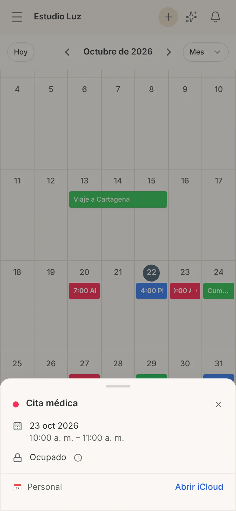 Detalle del evento Cita médica con la fecha, Ocupado y el calendario Personal