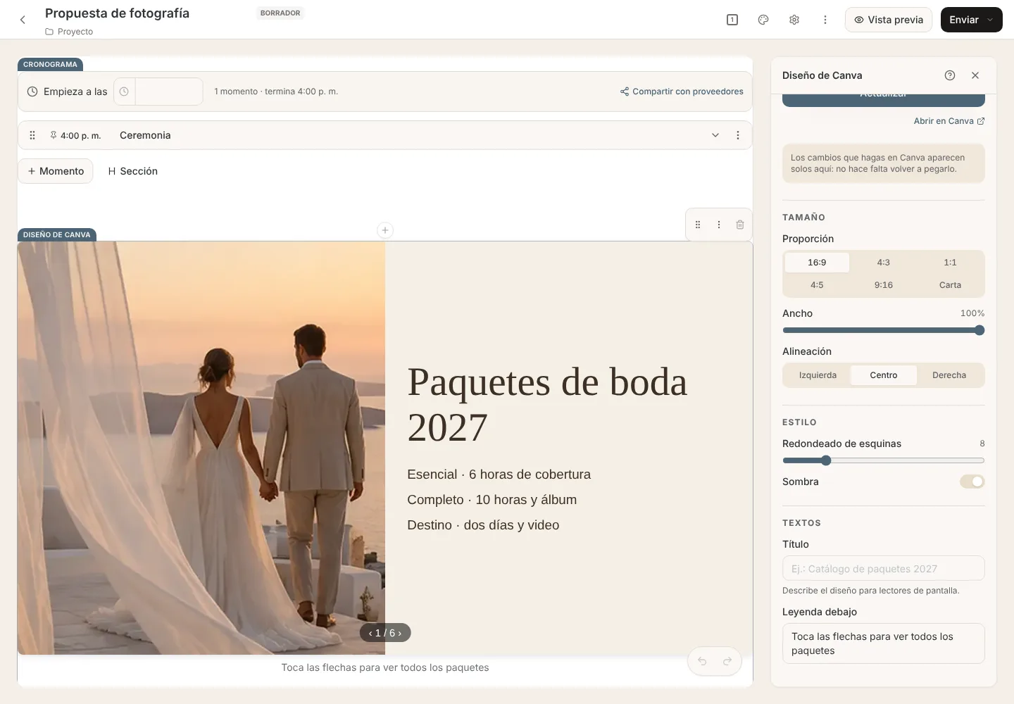 Creador de archivos con un diseño de Canva de paquetes de boda y, a la derecha, el panel con proporción, ancho, alineación, esquinas, sombra y textos