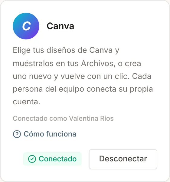 Tarjeta de Canva en Integraciones, conectada, con el nombre de la cuenta, Cómo funciona y el botón Desconectar