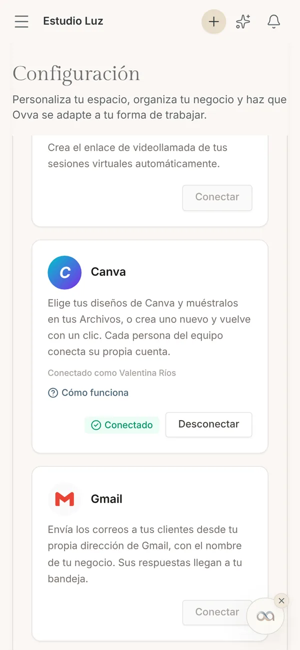 Tarjeta de Canva en Integraciones en un teléfono