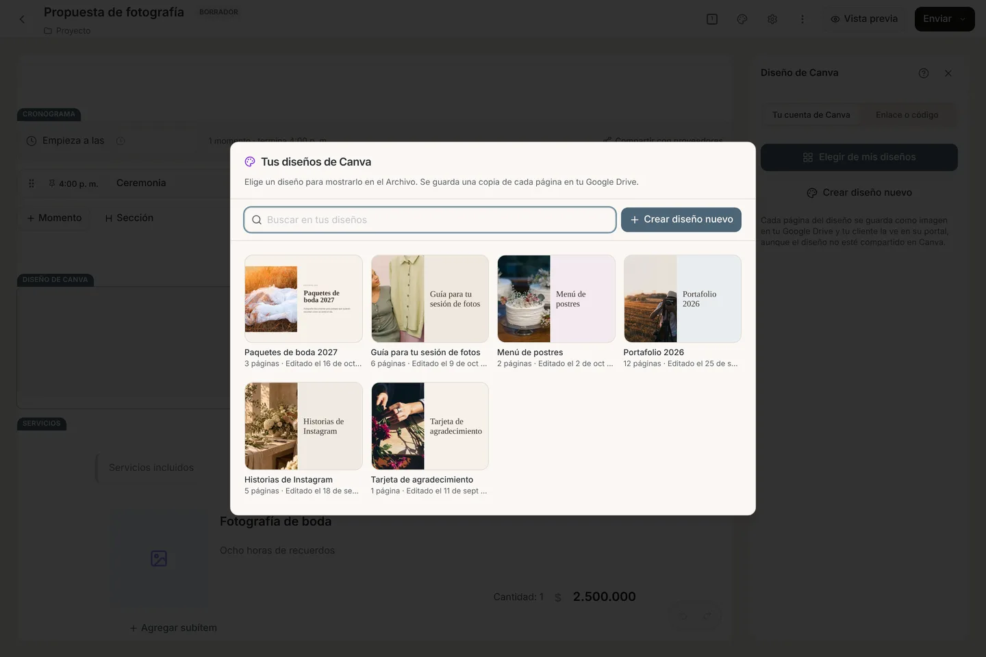 Lista de diseños de Canva con buscador, miniaturas, número de páginas y el botón Crear diseño nuevo