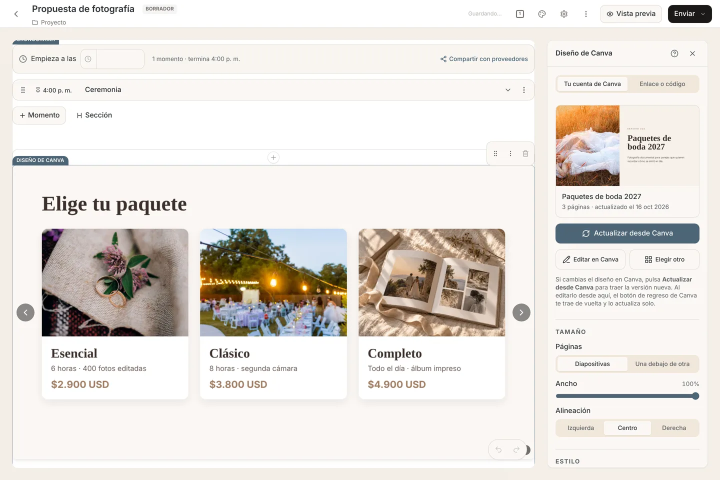 Creador de archivos con un catálogo de Canva como diapositivas y el panel Tu cuenta de Canva