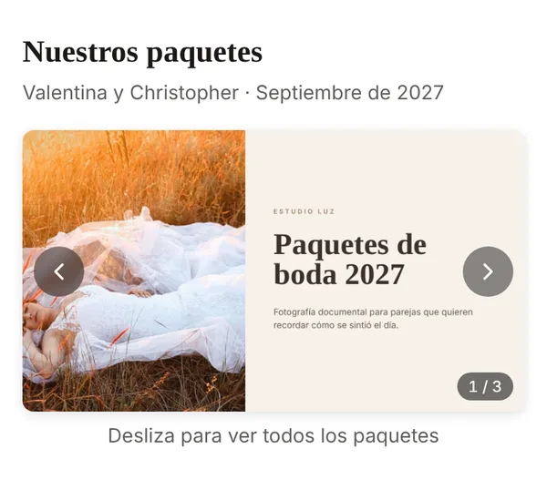 Catálogo de Canva como diapositivas en el teléfono del cliente, con las flechas y el contador de páginas
