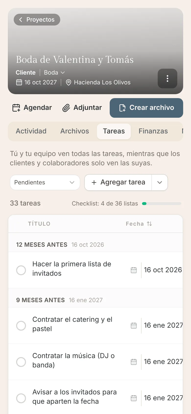 Pestaña Tareas en el celular con los hitos 12 meses antes y 9 meses antes y sus tareas