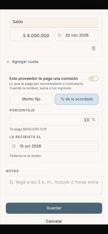 Sección Este proveedor te paga una comisión con 10 % de lo acordado, Te paga $800.000 COP y la fecha en que se recibió