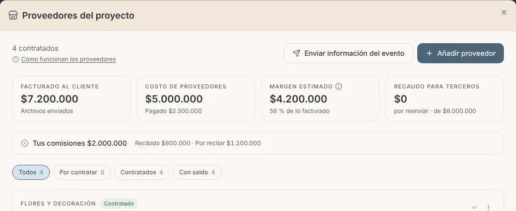 Proveedores del proyecto con la franja Tus comisiones $2.000.000, Recibido $800.000 y Por recibir $1.200.000