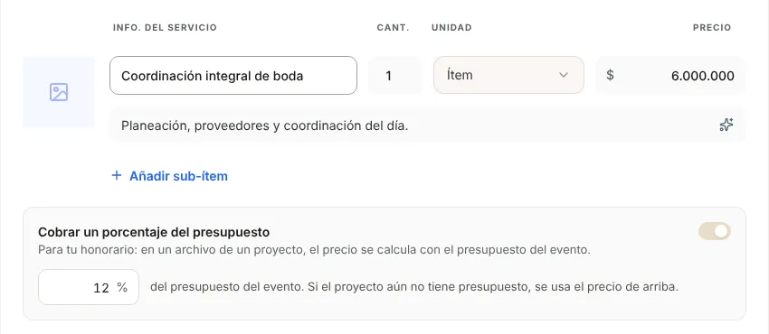 Editar servicio Coordinación integral de boda con Cobrar un porcentaje del presupuesto activado en 12 %