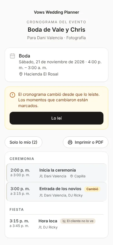 Página del cronograma en el teléfono del proveedor con el evento, el aviso de cambios, el botón Lo leí y sus momentos resaltados