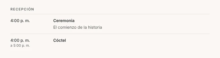 Vista del cliente del cronograma sin los momentos ocultos