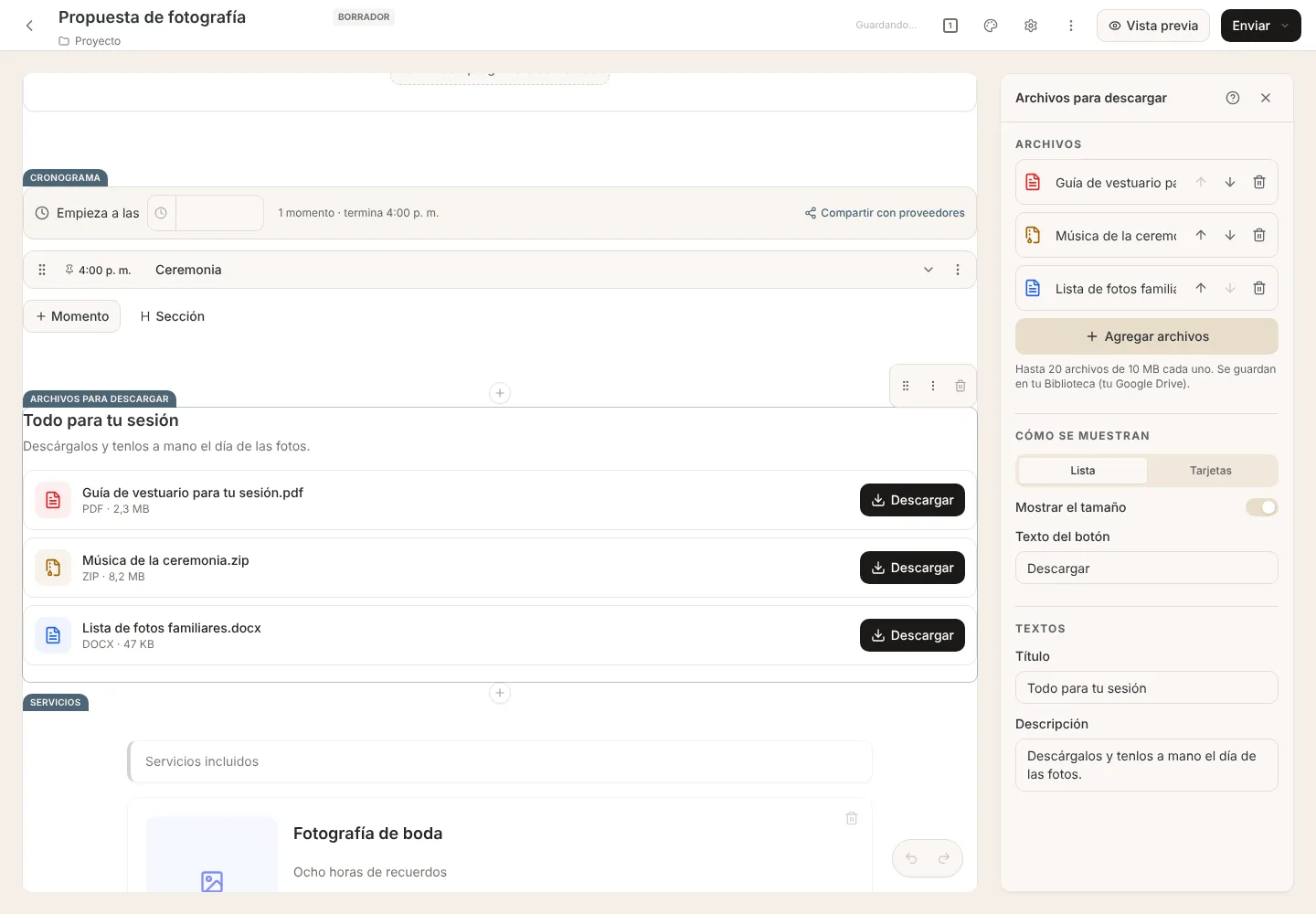 Bloque con tres archivos para descargar en lista, con su tipo, tamaño y botón Descargar, y a la derecha el panel con los archivos y sus opciones