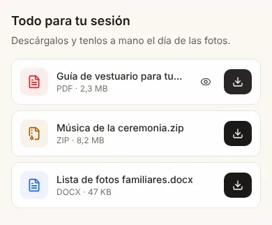 Tres archivos para descargar en un teléfono, cada uno con su botón de descarga y el PDF con el botón Ver