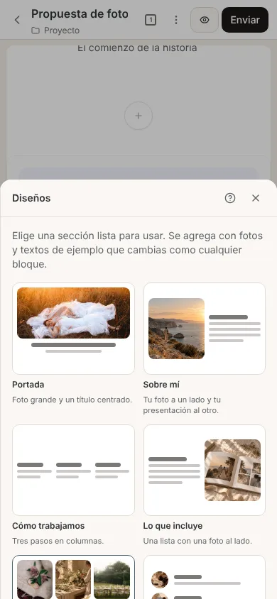 Panel Diseños abierto en un teléfono con miniaturas de las secciones en dos columnas