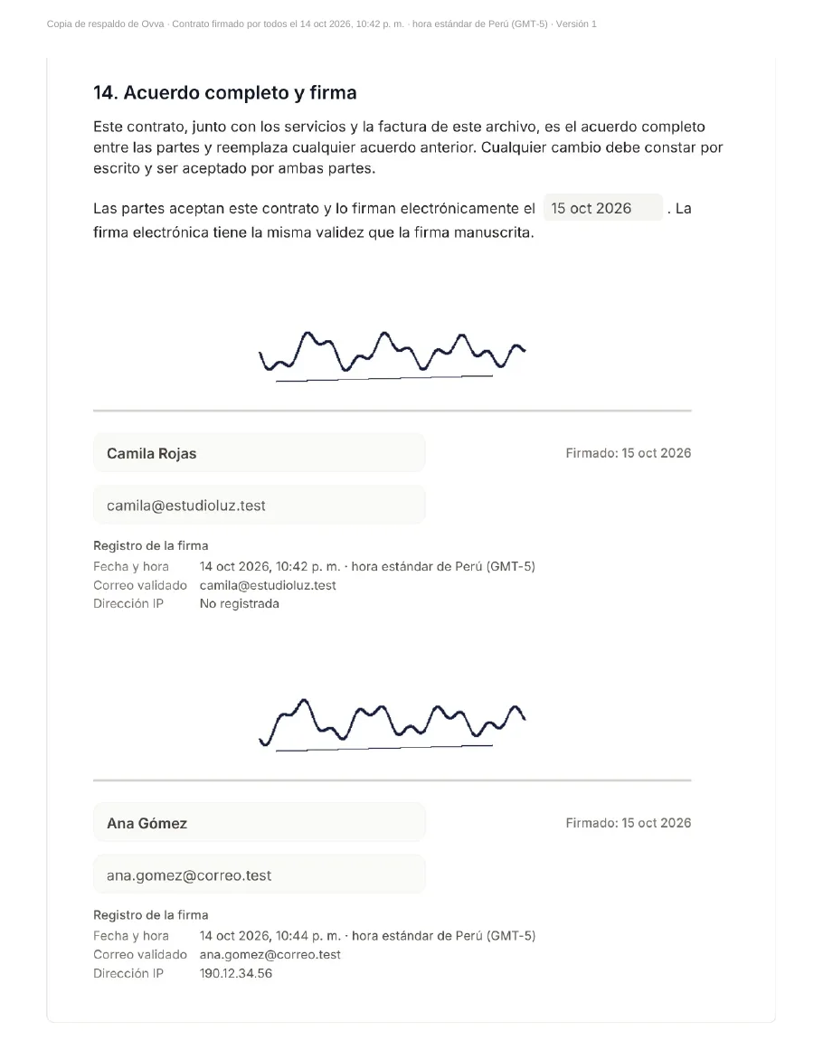 Última hoja del PDF del contrato firmado, con las firmas de Camila Rojas y Ana Gómez y el registro de fecha, hora y correo de cada una