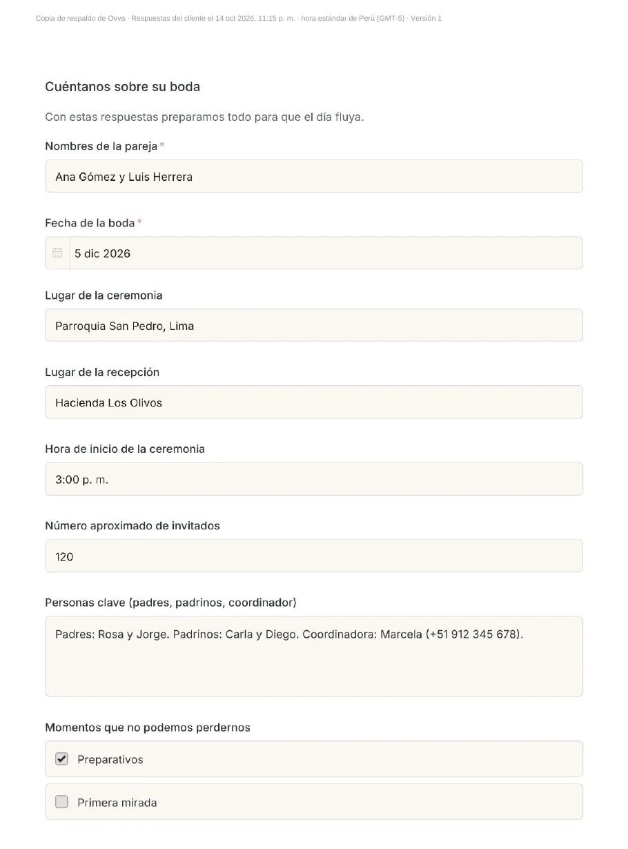 PDF del cuestionario respondido por el cliente con los nombres de la pareja, la fecha de la boda, los lugares y el número de invitados