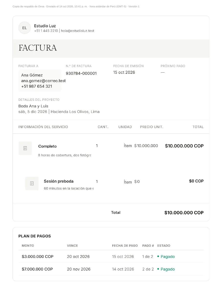 Hoja de la factura en el PDF del archivo enviado, con los servicios, el total y el plan de pagos con dos cuotas pagadas