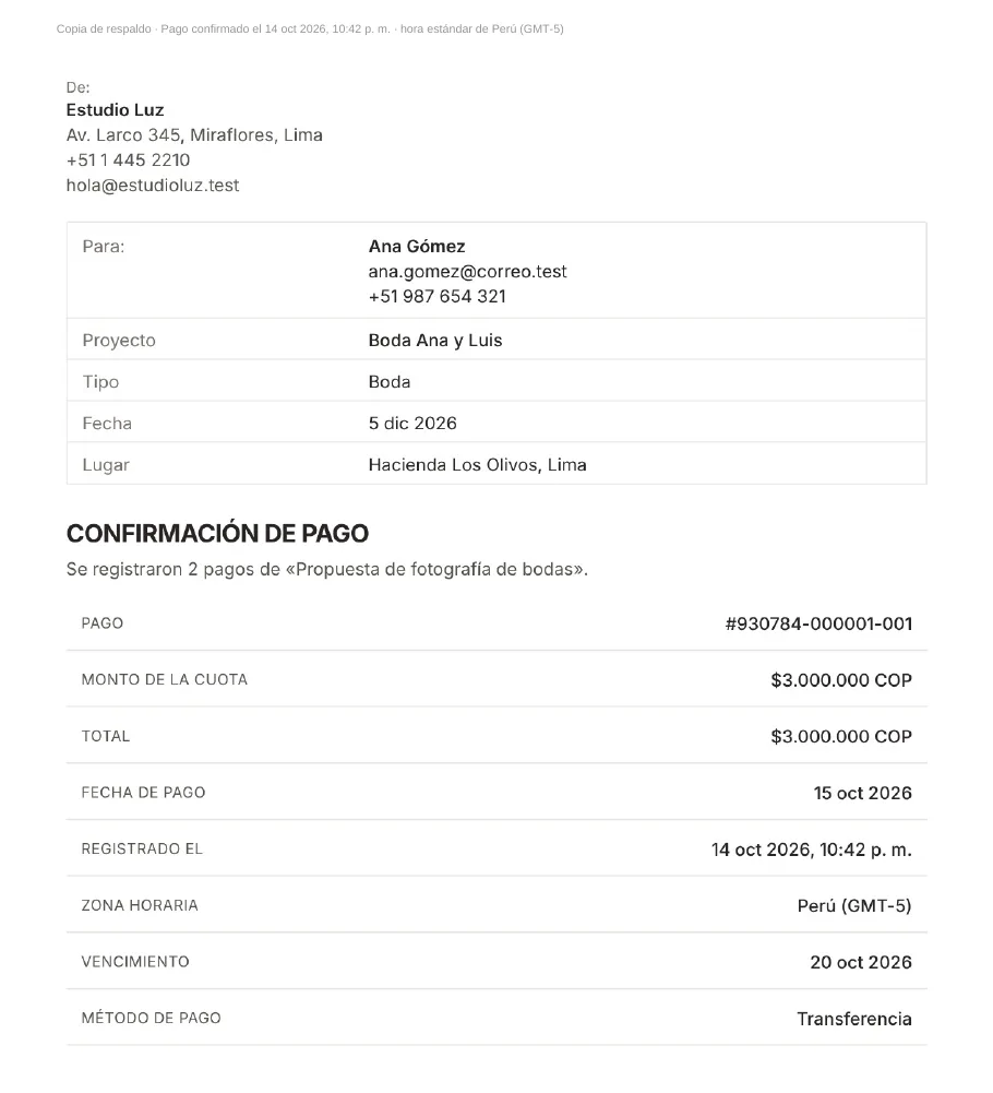 PDF del recibo de pago de Estudio Luz para Ana Gómez: pago 930784-000001-001 de $3.000.000 COP por transferencia