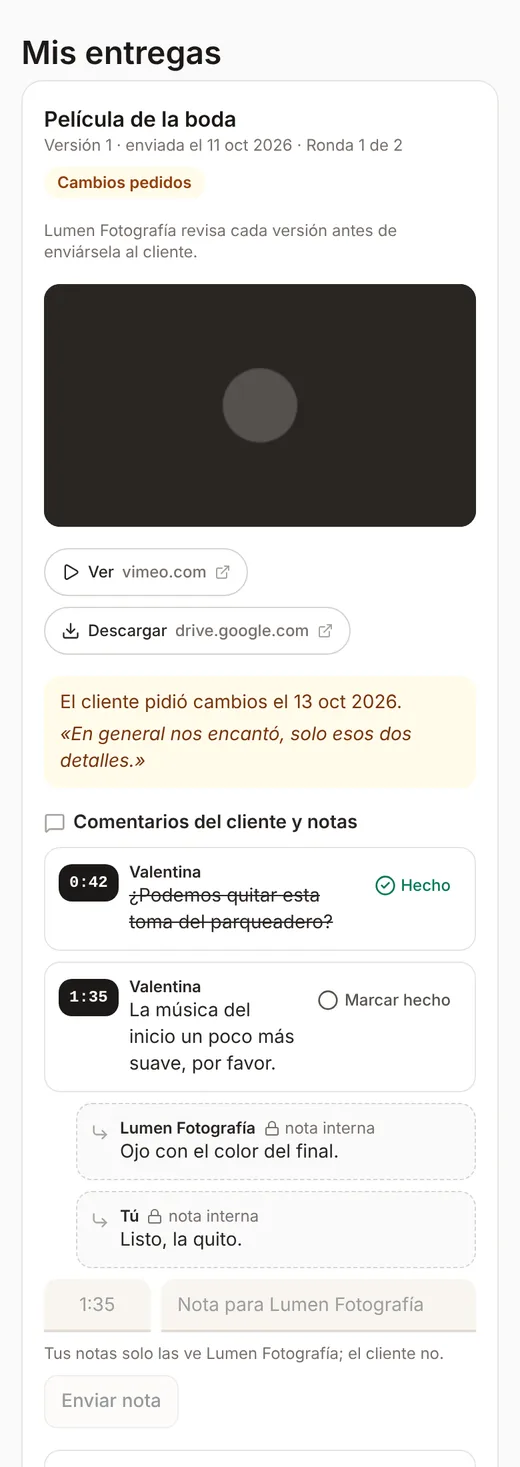 Mis entregas en el celular del videógrafo con la entrega, los cambios pedidos y los comentarios del cliente con su minuto