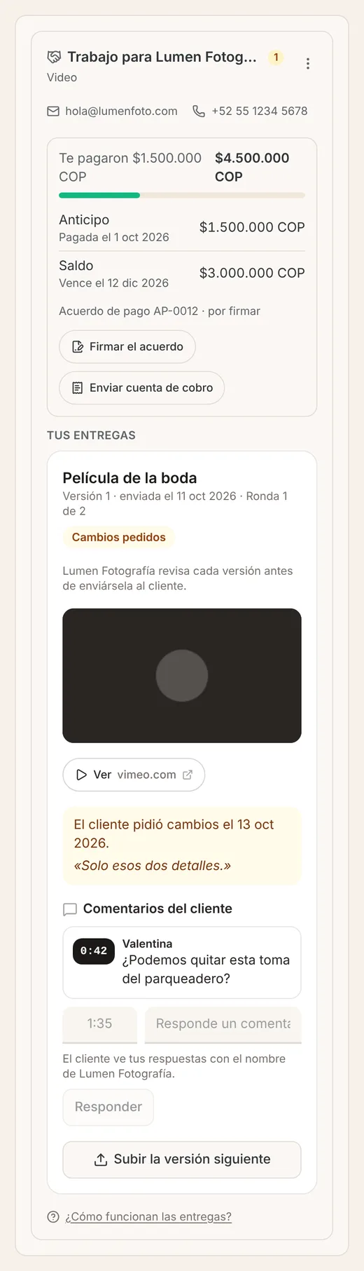 Tarjeta Trabajo para Lumen Fotografía en el proyecto del videógrafo con los pagos, el acuerdo y sus entregas