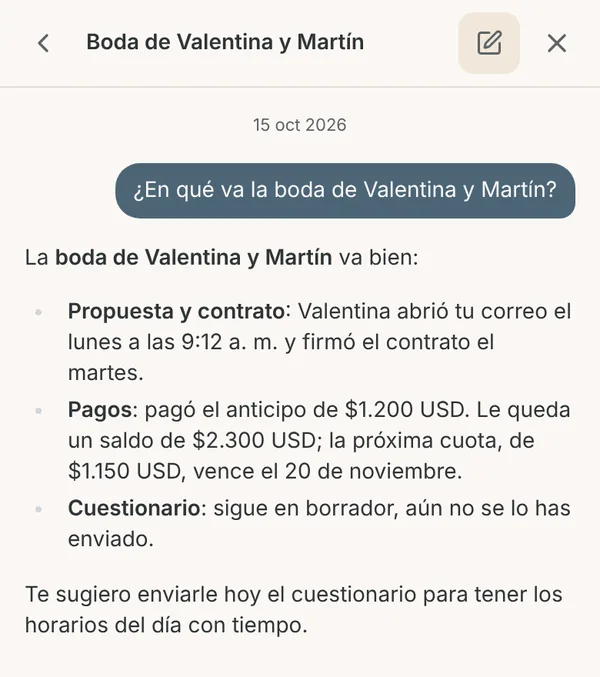 Chat en el celular: el asistente responde en qué va la boda de Valentina y Martín, con el correo abierto, el contrato firmado, el anticipo pagado y la cuota que vence