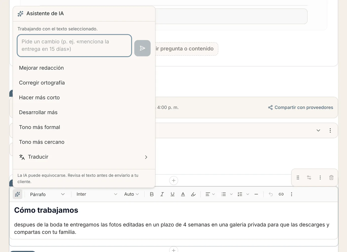 Editor de Archivos con el menú de la IA abierto sobre un bloque de texto: Mejorar redacción, Corregir ortografía, Hacer más corto, Desarrollar más, Traducir