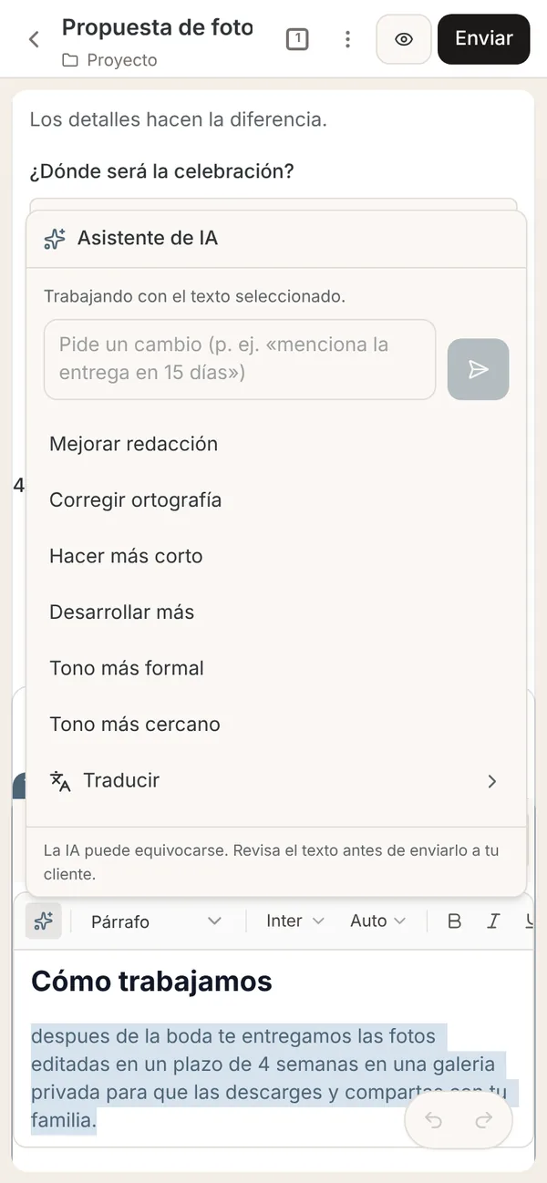 El menú de la IA del editor de Archivos en el celular
