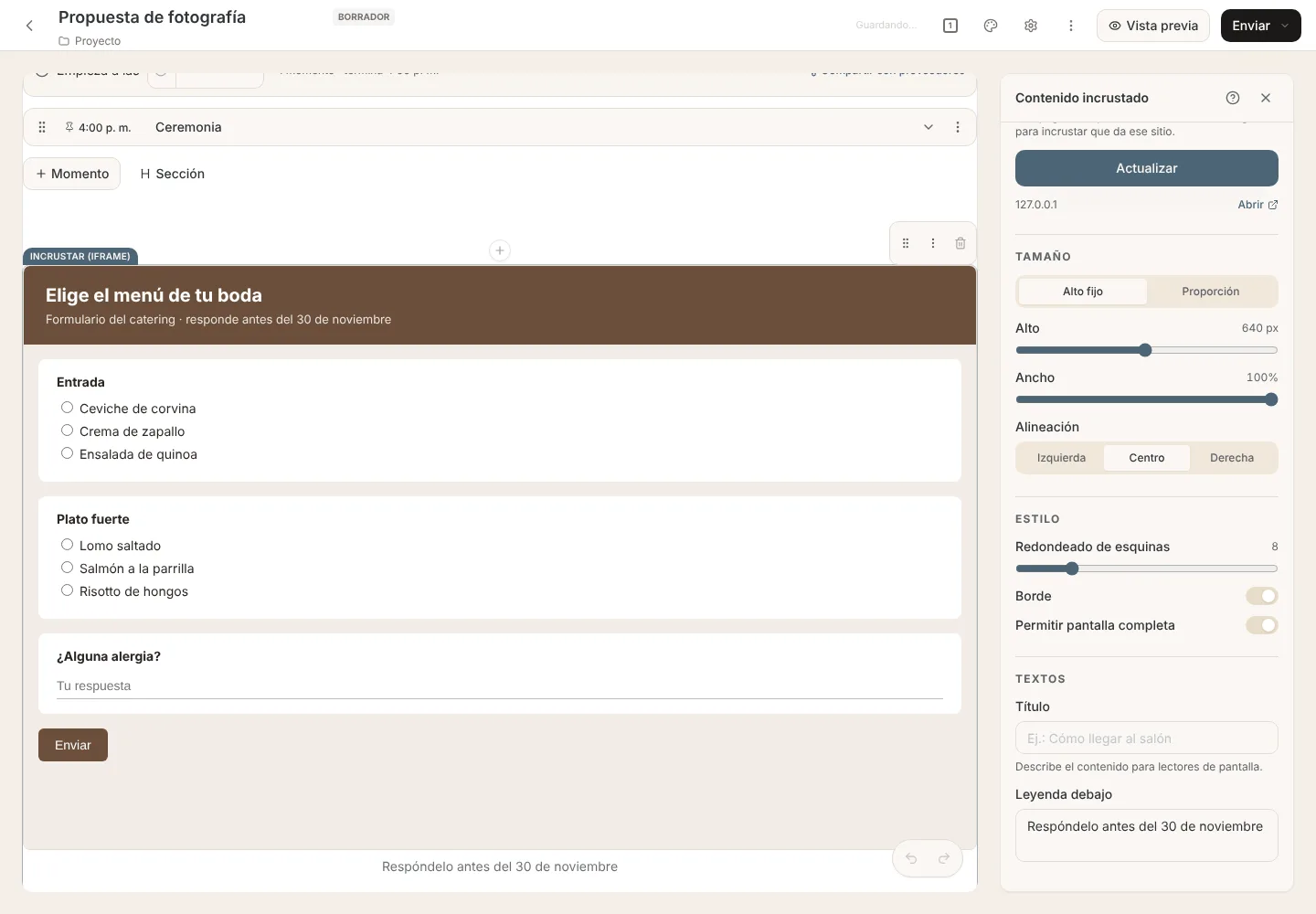 Creador de archivos con un formulario de menú de boda incrustado y, a la derecha, el panel con alto, ancho, alineación, borde y textos