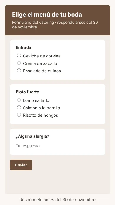 Formulario de menú de boda incrustado en un archivo, visto en un teléfono, con la leyenda debajo