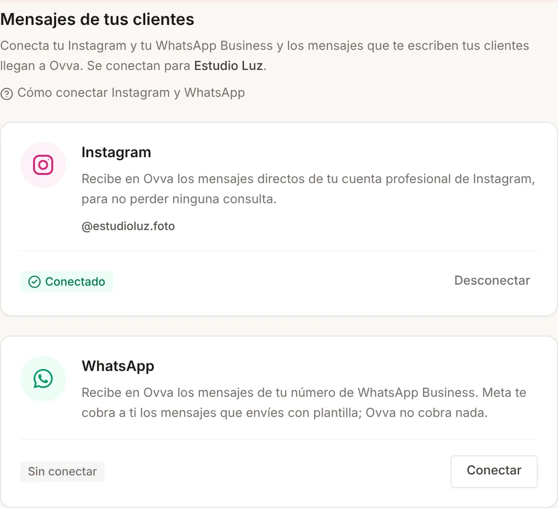 Sección Mensajes de tus clientes en Integraciones, con las tarjetas de Instagram y WhatsApp