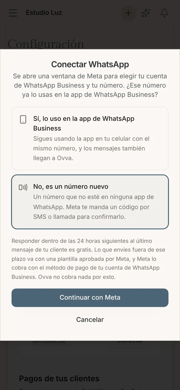 Ventana Conectar WhatsApp con las opciones Sí, lo uso en la app de WhatsApp Business y No, es un número nuevo