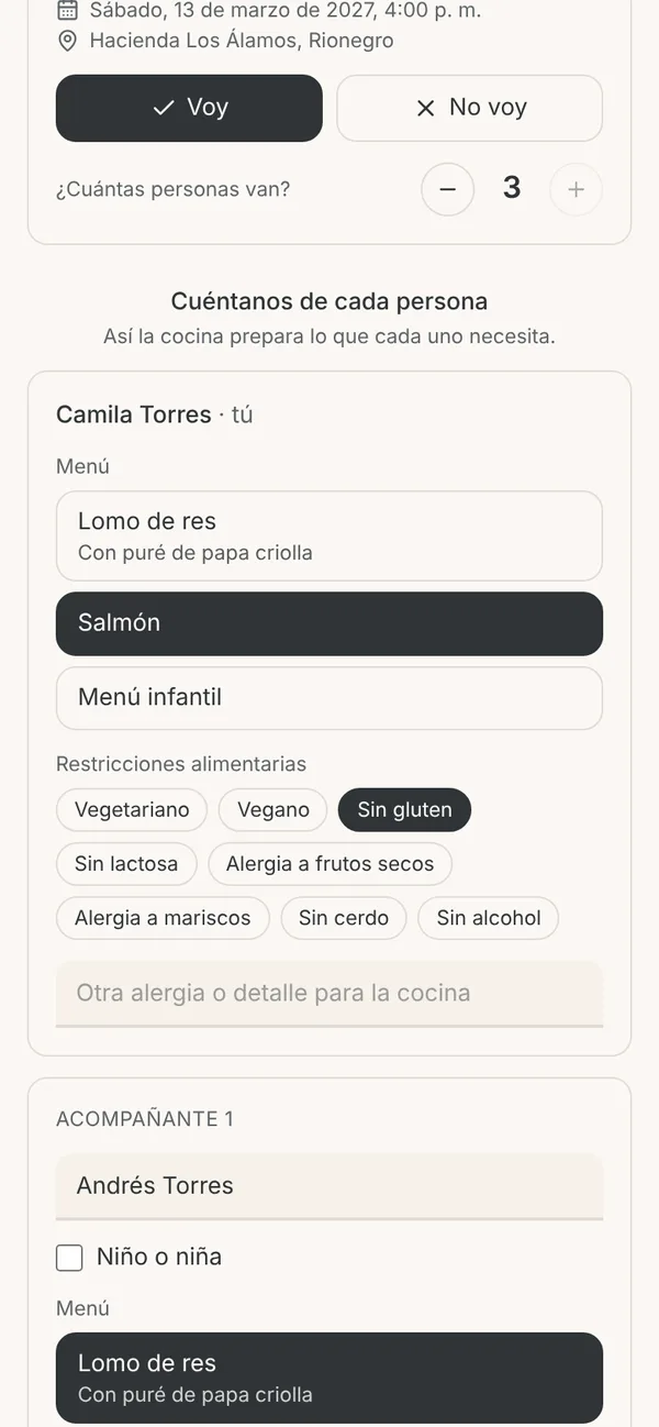 Página de confirmación con la sección Cuéntanos de cada persona: menú, restricciones y acompañante