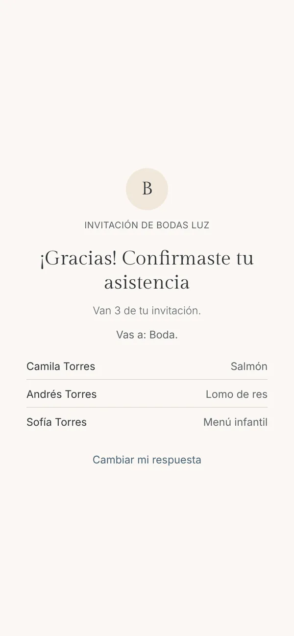 Página con el mensaje Gracias, confirmaste tu asistencia, los eventos a los que va y el menú de cada persona