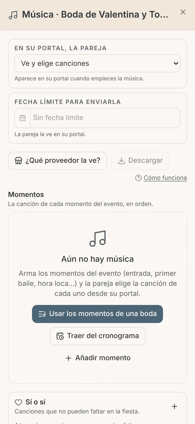 Ventana Música vacía en el celular con los botones Usar los momentos de una boda, Traer del cronograma y Añadir momento