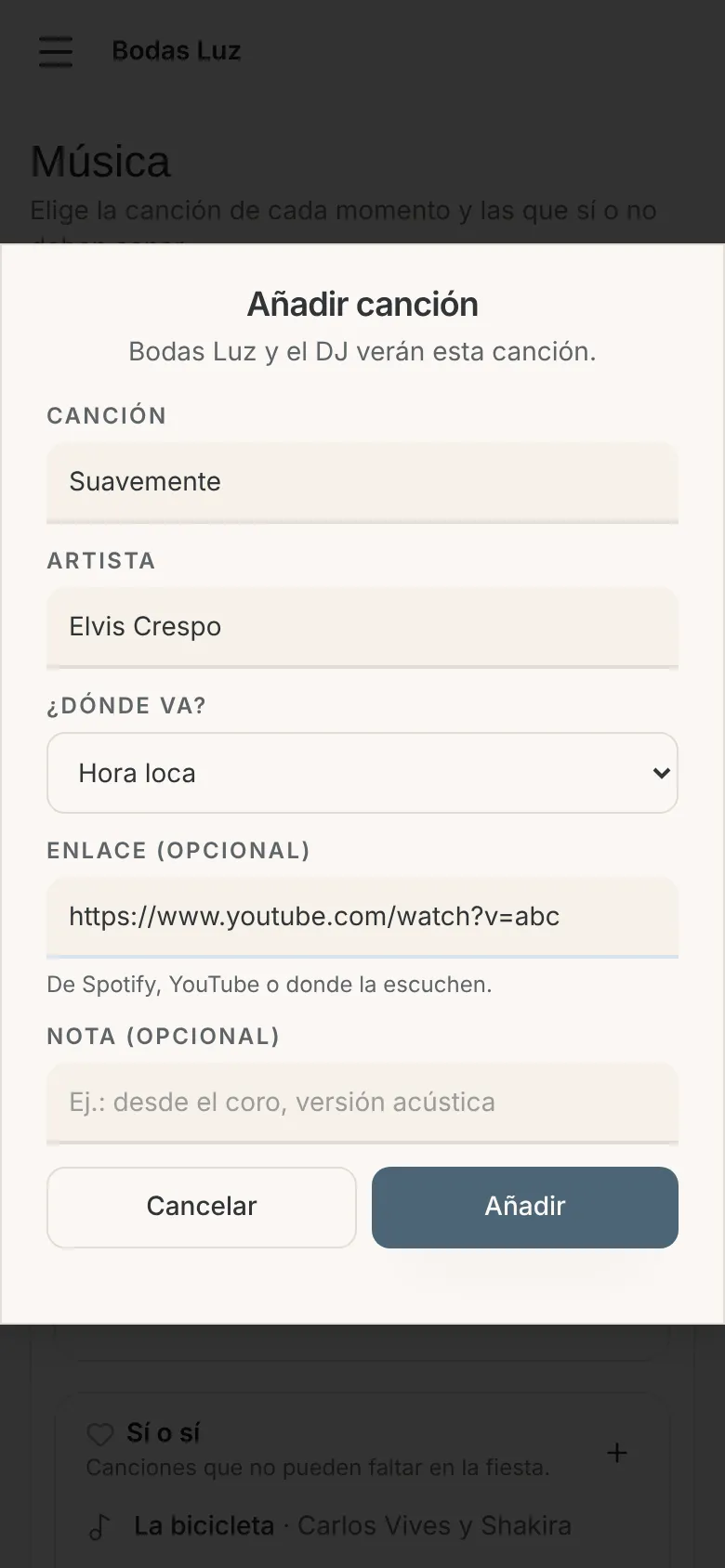 Ventana Añadir canción en el portal con la canción, el artista, dónde va y el enlace