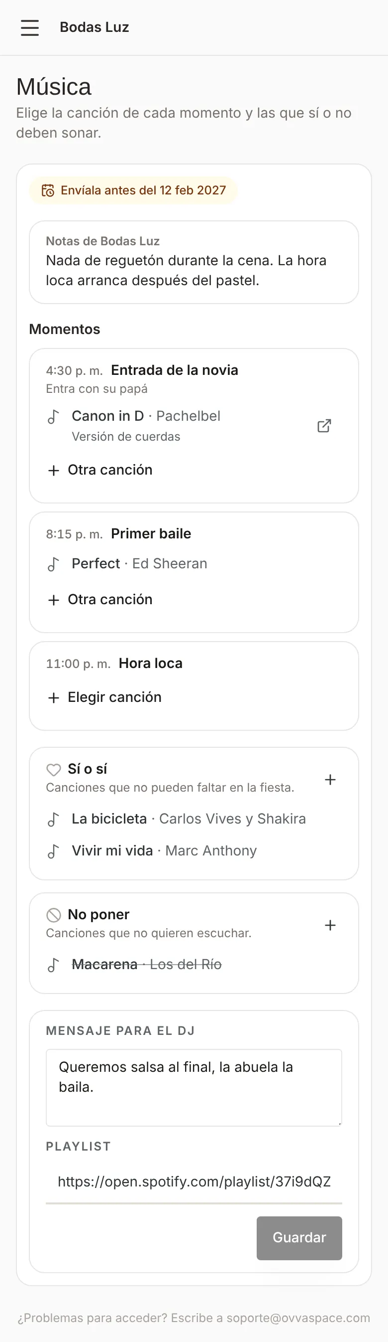 Pestaña Música en el portal de la pareja en el celular con la fecha límite, las notas del negocio, los momentos y las listas