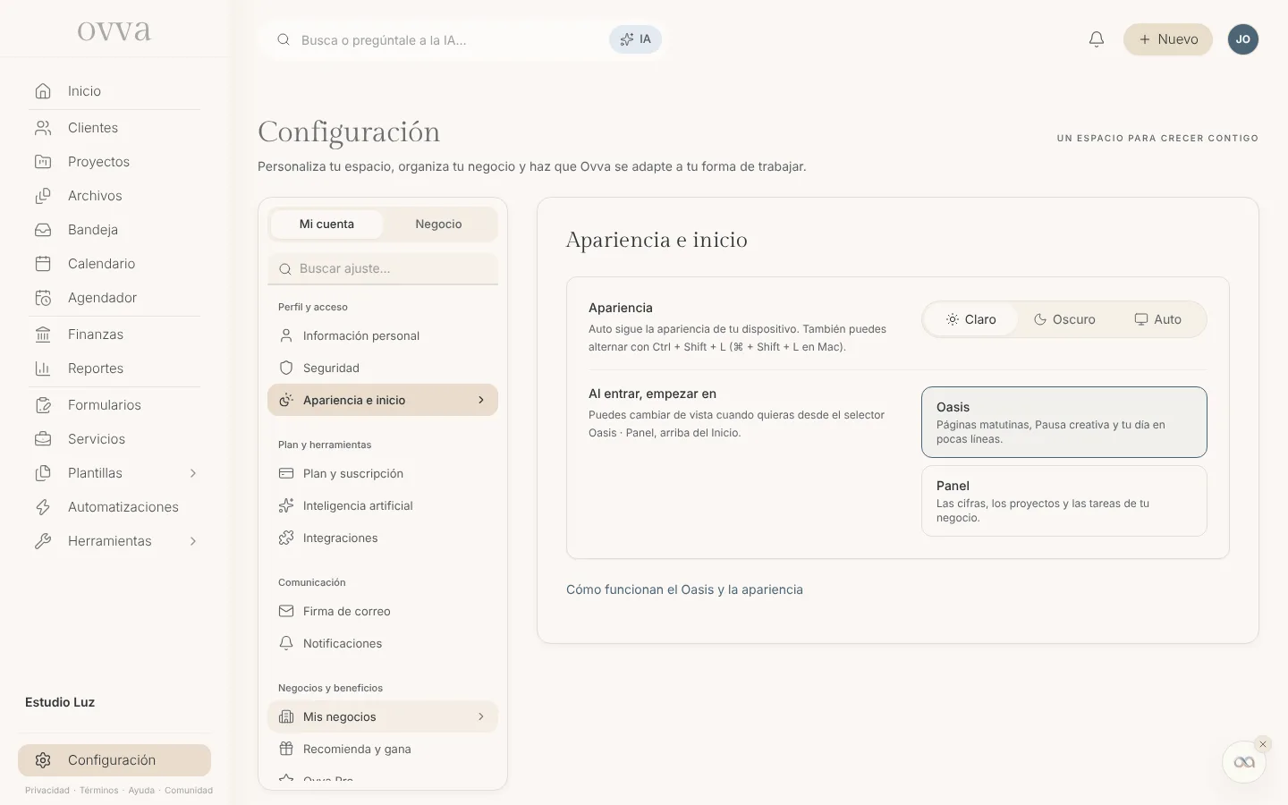 Configuración, Mi cuenta, Apariencia e inicio con el selector de apariencia y las opciones Oasis y Panel