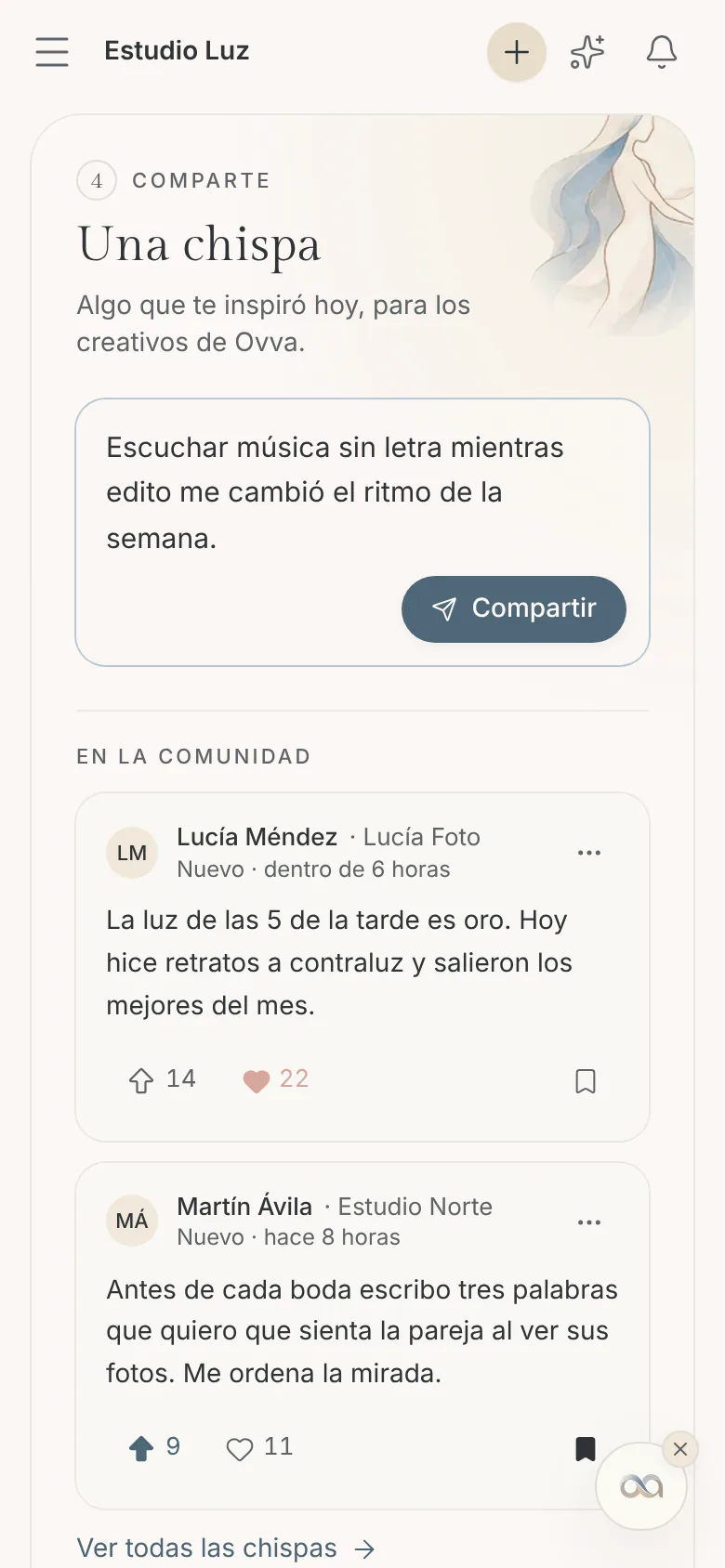 Sección Comparte del Oasis en el celular con una chispa escrita y las últimas chispas de la comunidad
